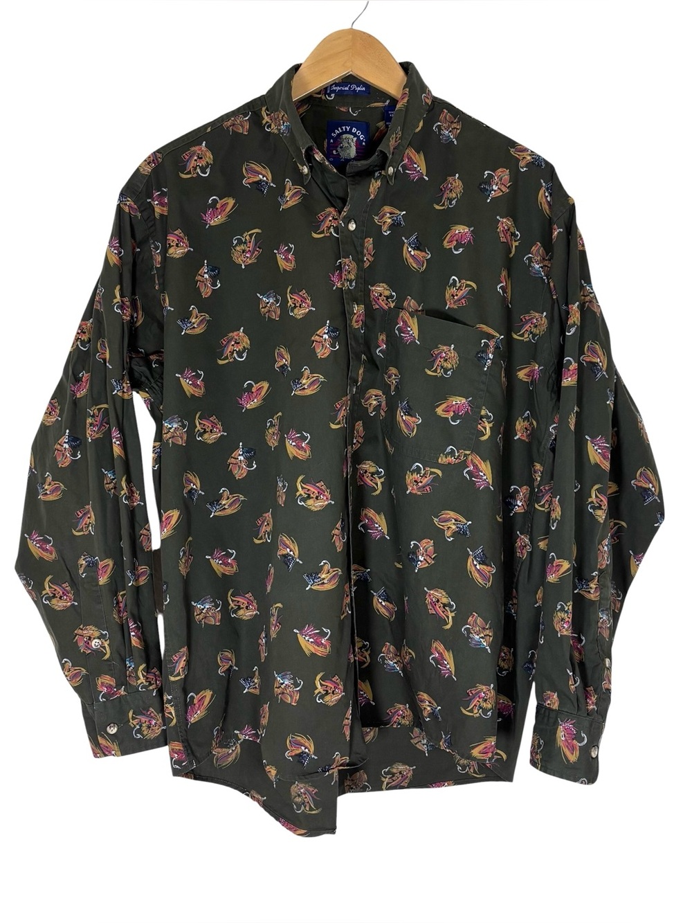 Vintage 90s Salty Dog Men’s L Fly Fishing Lure Print Cotton Shirt